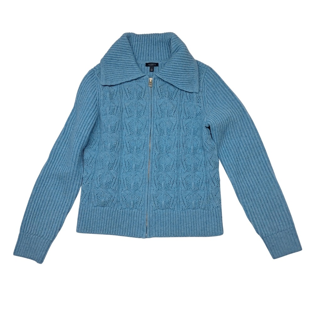 Talbots Cardigan Sweater Womens Small Blue Full Zip Cable Knit‎ Pointelle Ribbed
